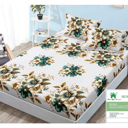 Husă de pat cu elastic din Bumbac Finet + 2 Fețe de Pernă, 180x200, Cod: DRM89