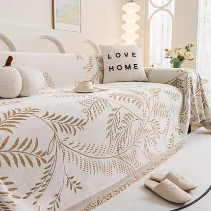 Cuvertură Chenille Premium – Crem cu Model Botanic Bej, Frunze Tropicale | 180 × 300 cm, Cod: PRMV41
