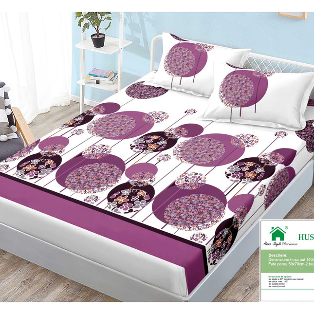 Husă de pat cu elastic din Bumbac Finet + 2 Fețe de Pernă, 140x200, Cod: DRM411