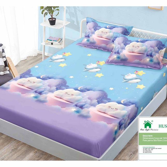 Husă de pat cu elastic din Bumbac Finet + 2 Fețe de Pernă, 140x200, Cod: DRM420