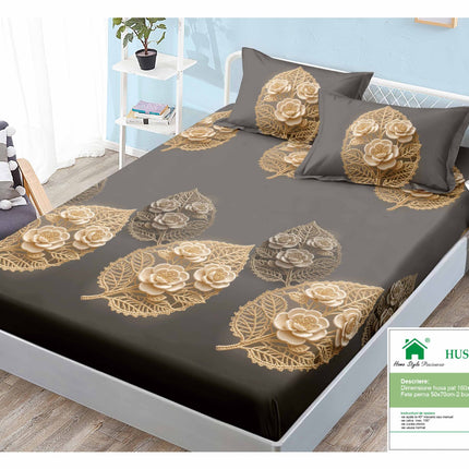 Husă de pat cu elastic din Bumbac Finet + 2 Fețe de Pernă, 160x200, Cod: DRM143