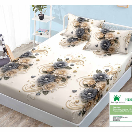 Husă de pat cu elastic din Bumbac Finet + 2 Fețe de Pernă, 160x200, Cod: DRM131