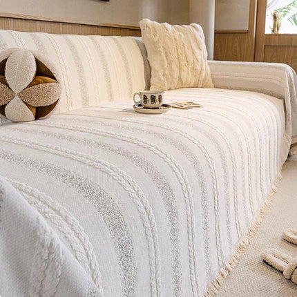 Cuvertură Chenille Premium – Crem/Ivory cu Model Texturat și Franjuri | 180 × 260 cm, Cod: PRMV22