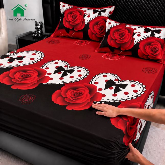 Husă de pat cu elastic din Bumbac Finet + 2 Fețe de Pernă, 180x200, Cod: DRM166