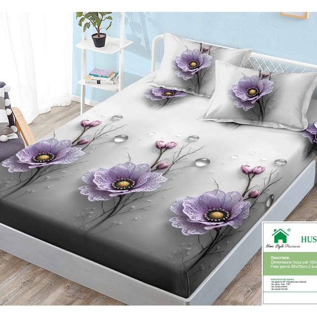 Husă de pat cu elastic din Bumbac Finet + 2 Fețe de Pernă, 160x200, Cod: DRM133