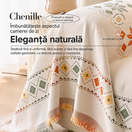 Husă pentru canapea din chenille premium, crem cu motive geometrice multicolore, 180 × 260 cm, Cod: PRMV20
