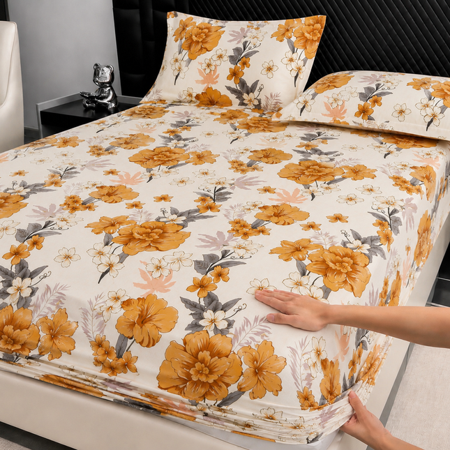 Husă de pat cu elastic din Bumbac Finet + 2 Fețe de Pernă, 160x200, Cod: DRT2