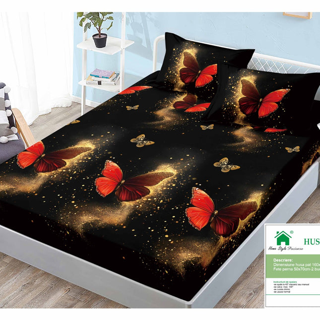 Husă de pat cu elastic din Bumbac Finet + 2 Fețe de Pernă, 160x200, Cod: DRM124