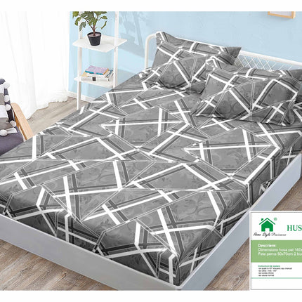 Husă de pat cu elastic din Bumbac Finet + 2 Fețe de Pernă, 140x200, Cod: DRM422