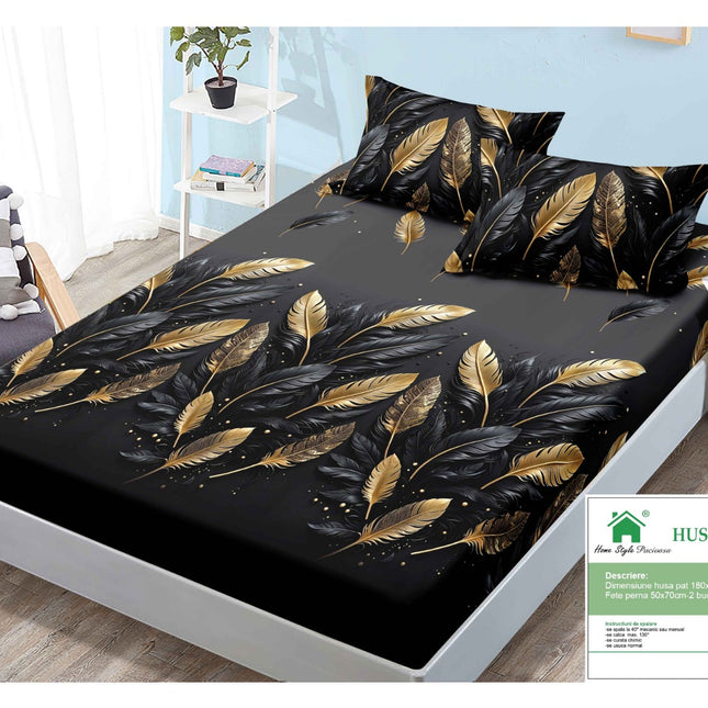 Husă de pat cu elastic din Bumbac Finet + 2 Fețe de Pernă, 180x200, Cod: DRM93