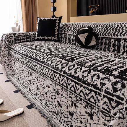 Husă pentru canapea din chenille, model abstract-geometric, alb-negru, 180 × 300 cm, Cod: PRMV15