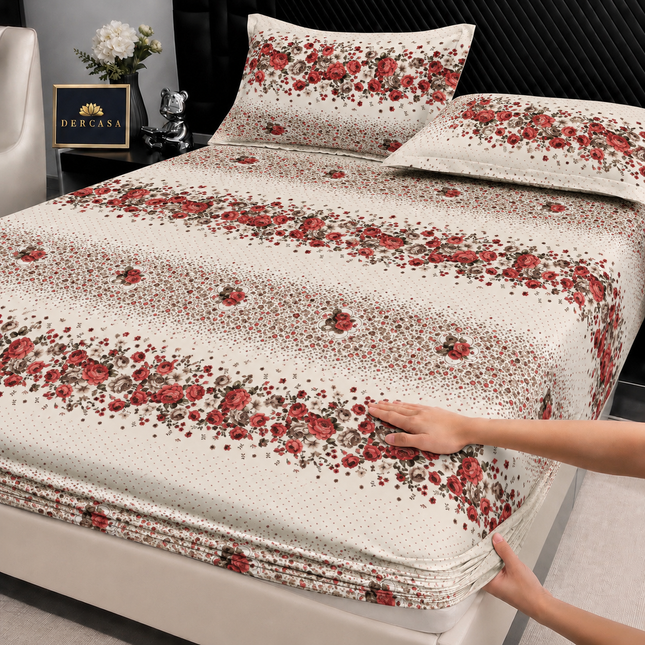 Husă de pat cu elastic din Bumbac Finet + 2 Fețe de Pernă, 180x200, Cod: DRW5