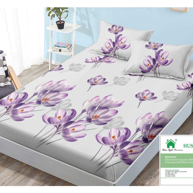 Husă de pat cu elastic din Bumbac Finet + 2 Fețe de Pernă, 180x200, Cod: DRM33