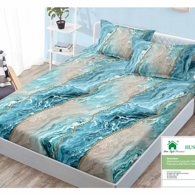 Husă de pat cu elastic din Bumbac Finet + 2 Fețe de Pernă, 160x200, Cod: DRM126