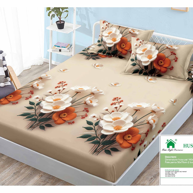 Husă de pat cu elastic din Bumbac Finet + 2 Fețe de Pernă, 140x200, Cod: DRM431