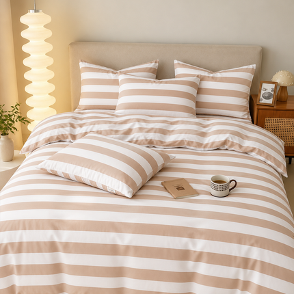 Lenjerie de Pat Matrimonială 4 Piese – Dungi Crem & Alb, Cod: DNG3