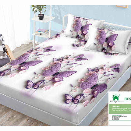 Husă de pat cu elastic din Bumbac Finet + 2 Fețe de Pernă, 140x200, Cod: DRM404