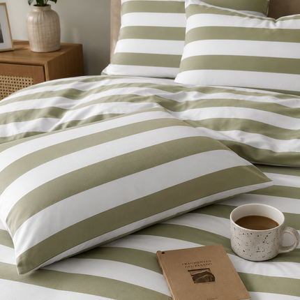 Lenjerie de Pat Matrimonială 4 Piese – Dungi Verde Salvie & Alb, Cod: DNG1