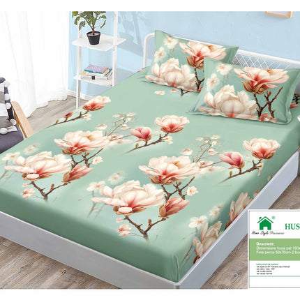 Husă de pat cu elastic din Bumbac Finet + 2 Fețe de Pernă, 160x200, Cod: DRM114