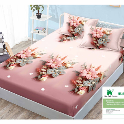 Husă de pat cu elastic din Bumbac Finet + 2 Fețe de Pernă, 160x200, Cod: DRM138