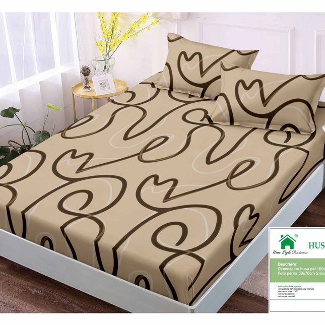 Husă de pat cu elastic din Bumbac Finet + 2 Fețe de Pernă, 160x200, Cod: DRM128