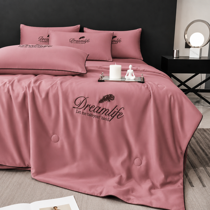Set Luxury + pilotă ușoară inclusă din Mătase, 4 piese, pat dublu, roz prăfuit, Cod: FMY28