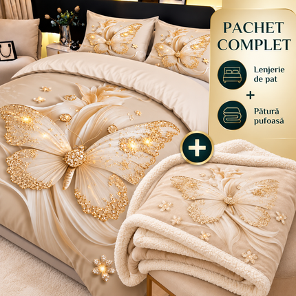 Pachet Promoțional: Lenjerie Premium 5D + Pătură Cocolino Sherpa 200×230 cm, Cod: PMS4