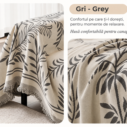 Husă pentru canapea din chenille, model botanic cu frunze, crem și gri, 180 × 300 cm, Cod: PRMV18