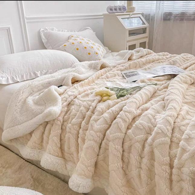 Patura Cocolino cu Blanita, Model Tricotat, Pat 2 Persoane, 200x230 cm, crem deschis  cod: EXP4