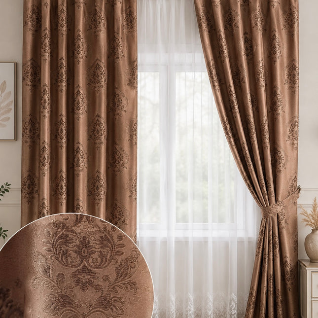 Set 2 Draperii RS Jacquard Maro Cappuccino cu Model Clasic | Rejansă, Cod: RS04