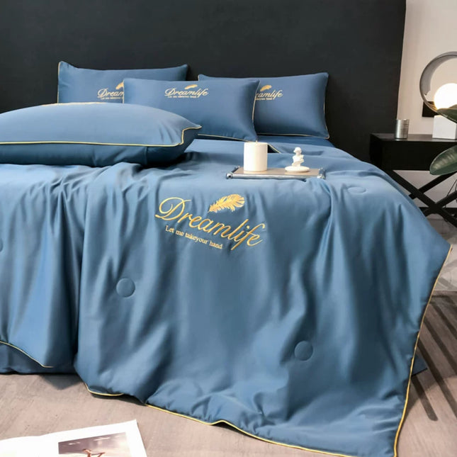 Set Luxury + pilotă ușoară inclusă din Mătase, 4 piese, pat dublu, albastru marin, Cod: FMY9