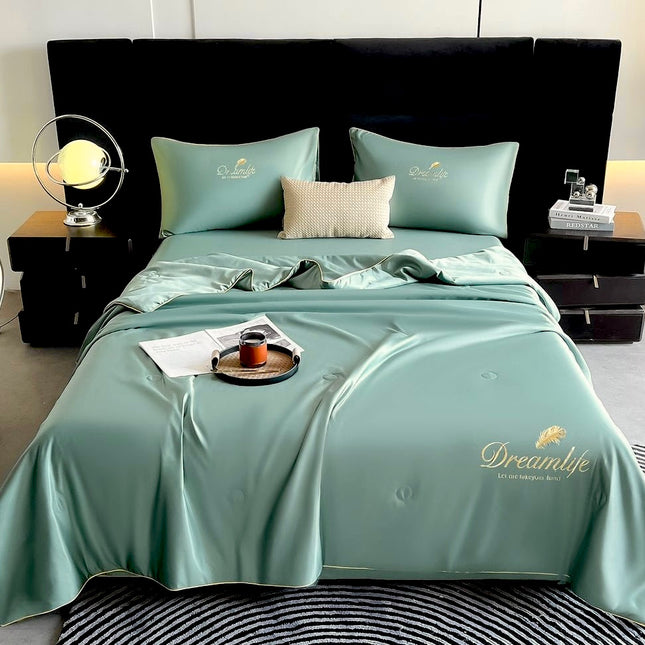 Set Luxury + pilotă ușoară inclusă din Mătase, 4 piese, pat dublu, albastru pastel, Cod: FMY4