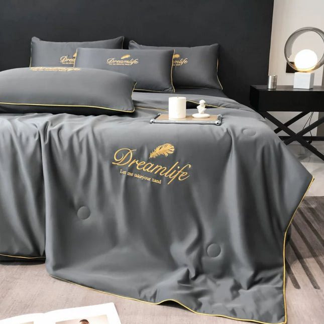 Set Luxury + pilotă ușoară inclusă din Mătase, 4 piese, pat dublu, gri închis, Cod: FMY7