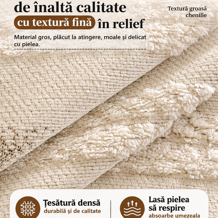 Cuvertură Chenille Premium – Crem/Ivory cu Model Texturat și Franjuri | 180 × 260 cm, Cod: PRMV22
