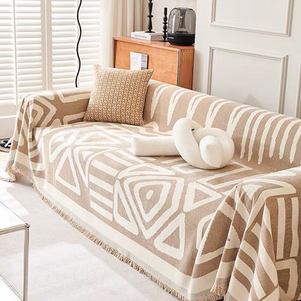 Cuvertură Chenille Premium – Bej cu Crem, Model Geometric Modern | 180 × 300 cm, Cod: PRMV32