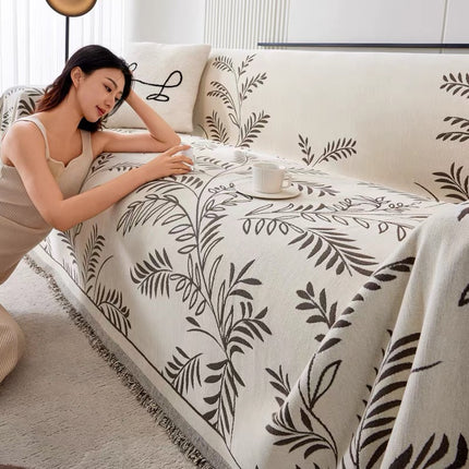 Cuvertură Chenille Premium – Crem cu Gri, Model Botanic cu Frunze Tropicale | 180 × 260 cm, Cod: PRMV27