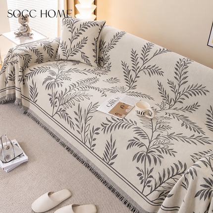 Cuvertură Chenille Premium – Crem cu Gri, Model Botanic cu Frunze Tropicale | 180 × 260 cm, Cod: PRMV27