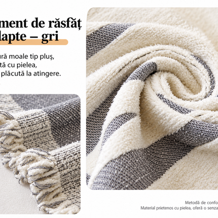Cuvertură Chenille Premium – Alb cu Gri, Model Modern cu Linii Abstracte | 180 × 260 cm, Cod: PRMV30