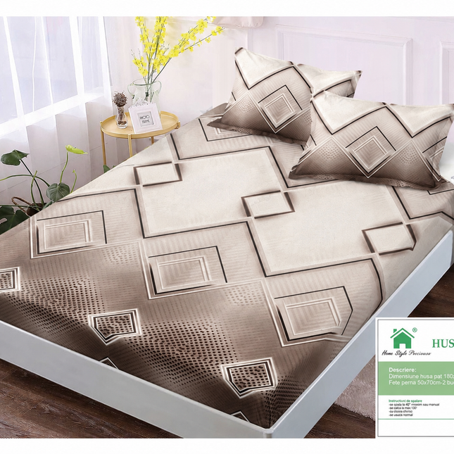 Husă de pat cu elastic din Bumbac Finet + 2 Fețe de Pernă, 160x200, Cod: DRM42