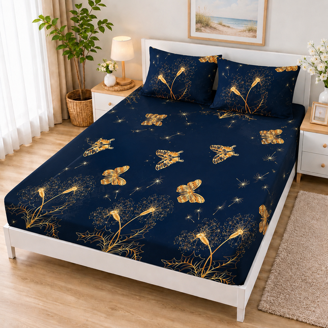 Husă de pat cu elastic din Bumbac Finet + 2 Fețe de Pernă, 140x200, Cod: DRM436