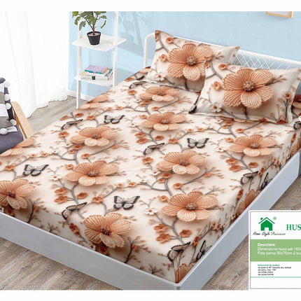 Husă de pat cu elastic din Bumbac Finet + 2 Fețe de Pernă, 160x200, Cod: DRM112