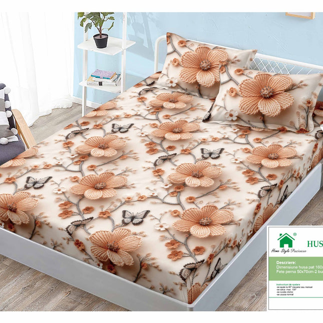 Husă de pat cu elastic din Bumbac Finet + 2 Fețe de Pernă, 160x200, Cod: DRM112