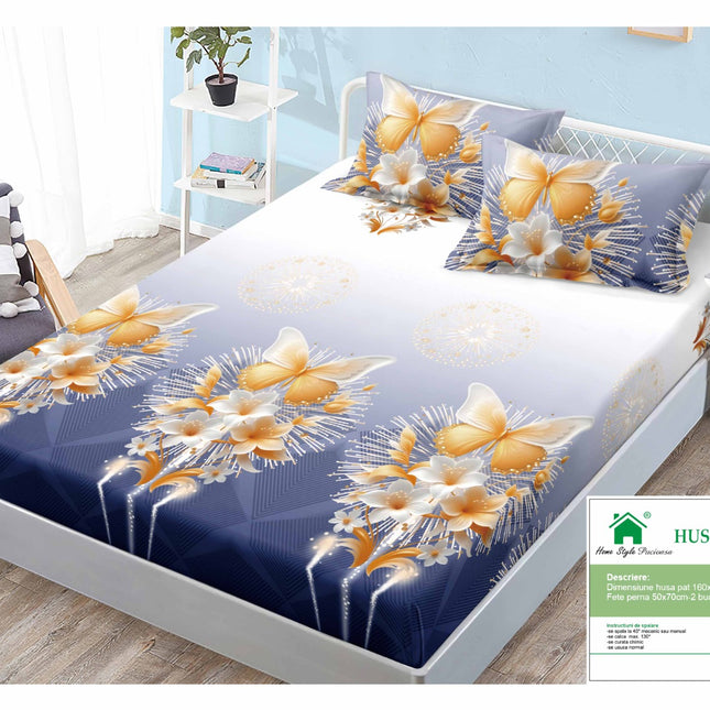 Husă de pat cu elastic din Bumbac Finet + 2 Fețe de Pernă, 160x200, Cod: DRM111