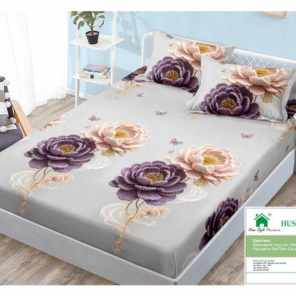 Husă de pat cu elastic din Bumbac Finet + 2 Fețe de Pernă, 160x200, Cod: DRM110