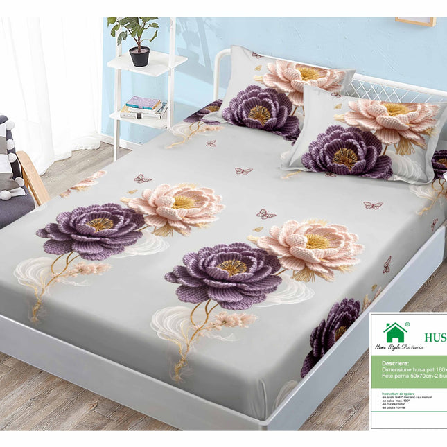 Husă de pat cu elastic din Bumbac Finet + 2 Fețe de Pernă, 160x200, Cod: DRM110