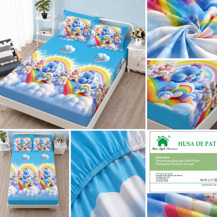 Husă de pat cu elastic din Bumbac Finet + 2 Fețe de Pernă, 140x200, Cod: DRM432