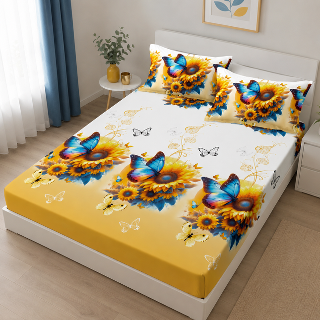 Husă de pat cu elastic din Bumbac Finet + 2 Fețe de Pernă, 140x200, Cod: DRM434