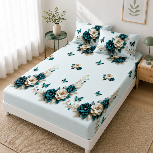 Husă de pat cu elastic din Bumbac Finet + 2 Fețe de Pernă, 140x200, Cod: DRM425