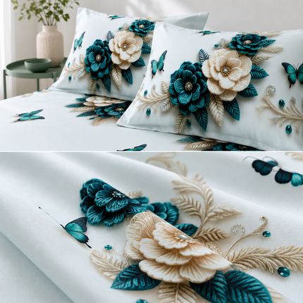 Husă de pat cu elastic din Bumbac Finet + 2 Fețe de Pernă, 140x200, Cod: DRM425