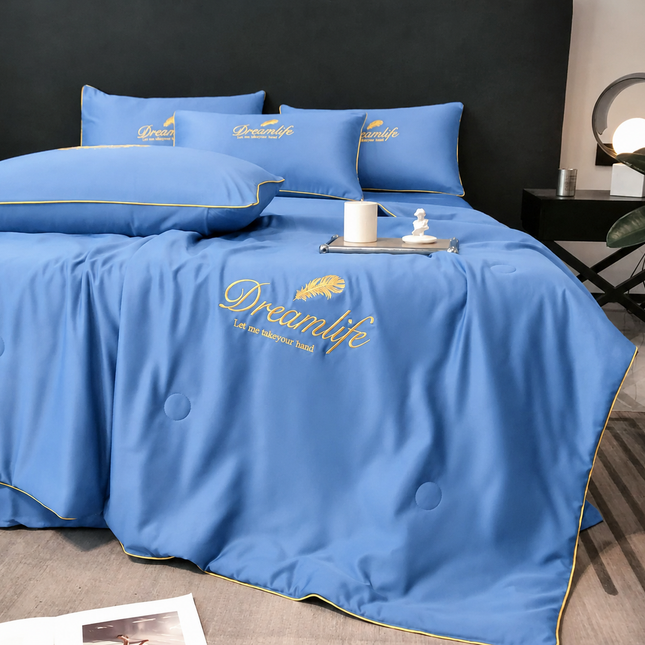 Set Luxury + pilotă ușoară inclusă, 4 piese, pat dublu, albastră, Cod: FMY21